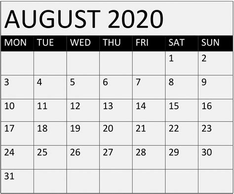 August 2020 Monthly Appointment Example Calendar Printable