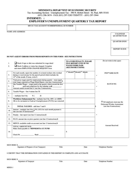 Form Mdes 1 Employers Unemployment Quarterly Tax Report Printable