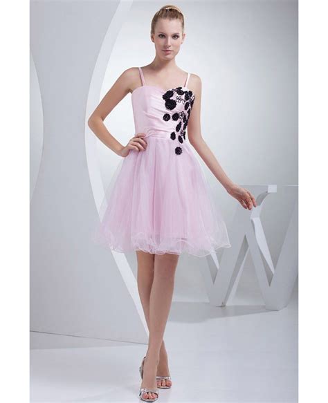 Bat mitzvah dresses, prom dresses, mother of the bride/groom /dresses, sweet 16 dresses, cocktail dresses or black tie gowns; Pink with Black Flowers Tulle Prom Dress with Spaghetti ...
