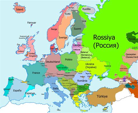 Map Of Europe With Countries Labelled In Native Languages