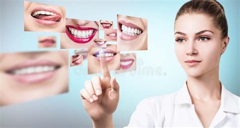 Collage Of Young Woman Near Collage With Health Teeth Stock Photo