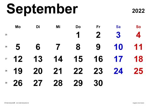 Kalender September 2022 Als Pdf Vorlagen