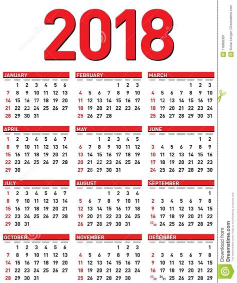 Calendario 2018 Del Vector La Semana Empieza De Domingo Ilustración Del