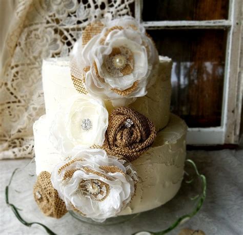 Burlap And Lace Cake Flowers Rustic Cake Decorations Set Of 5 Rustic
