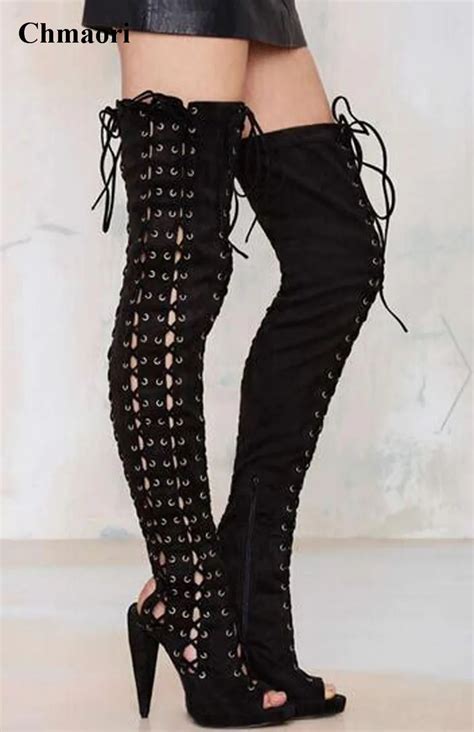 new arrival women open toe black suede leather over knee lace up spike heel gladiator boots cut