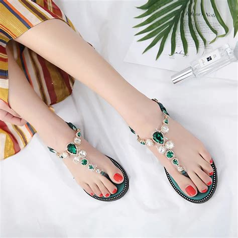 Green Strappy Flat Sandals Woman Sandals Women Shoes Rhinestones Thong Gladiator Flat Sandals