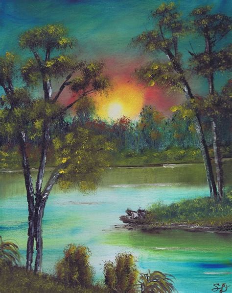Bob Ross Style Original Or Print Painting Sunset Sunrise River