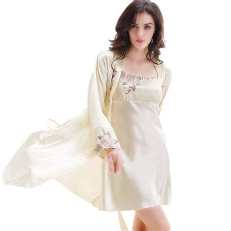 Embroidery Satin Silk Nightgown Robe Sets Home Clothes Womens Silk