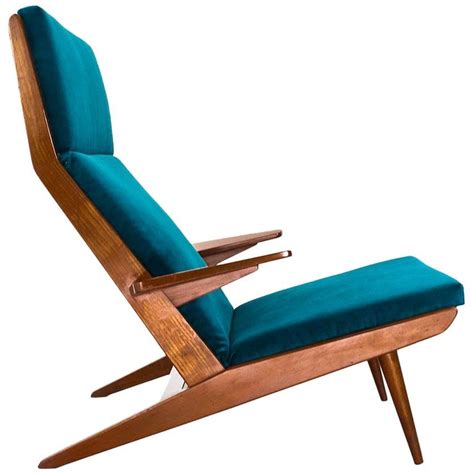 Scandinavian Modern High Back Lounge Chair In Teak And Velvet 1960s