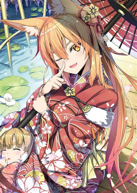 Anime Girl Wink Animal Ears Kimono Cute Long Hair Anime Hd Phone