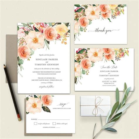 Peach Wedding Invitations Blush Peach Floral Greenery With Watercolor