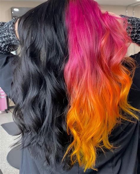 Black Split Dye With Purple Roots To Magenta Red Orange And Yellow
