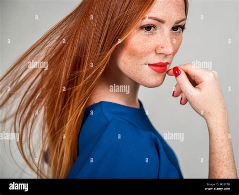 Portrait Of A Beautiful Young Red Haired Woman Female Face Closeup