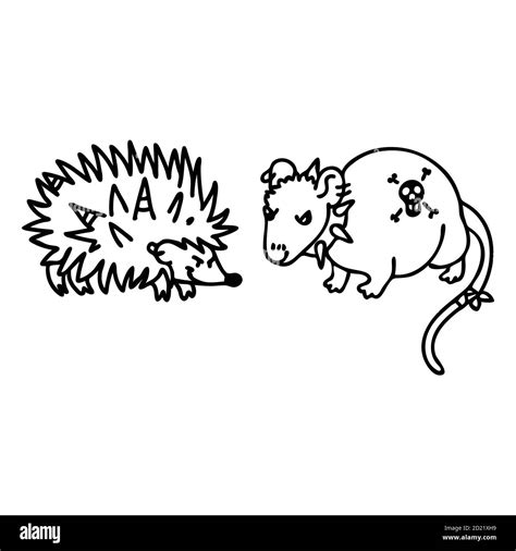 Punk Rock Hedgehog And Rat Monochrome Lineart Illustration Clipart