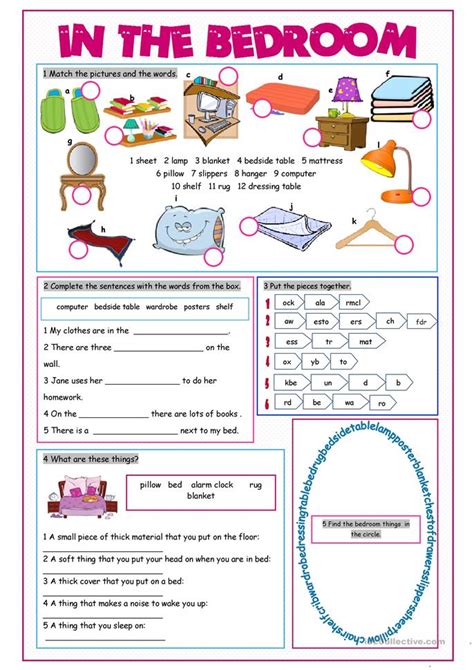 Cushions are placed on the sofa. In the Bedroom Vocabulary Exercises worksheet - Free ESL ...