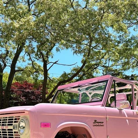 An Old Pink Truck Parked In Front Of Some Trees