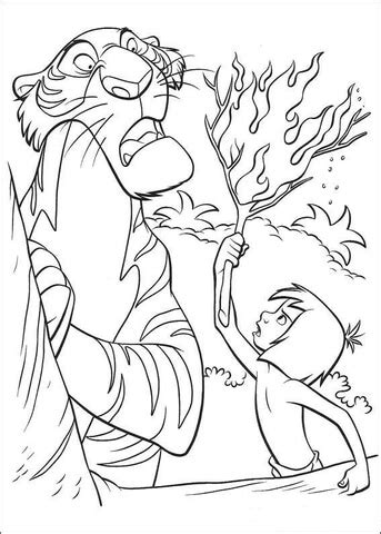 Kostenlose ausmalbilder in einer vielzahl von themenbereichen, zum ausdrucken und anmalen. Coloriage - Mowgli qui donne une torche à Shere Khan | Coloriages à imprimer gratuits