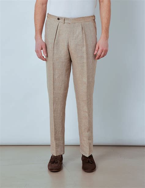 Mens Beige Linen Pleated Tailored Fit Linen Trousers 1913 Collection