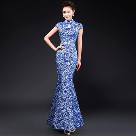 Best Seller Blue And White Porcelain Designer Cheongsam Mermaid Evening Dress Women Modern