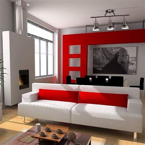 Contemporary White Couch Red Accent Wall And Pillows By Tacchini