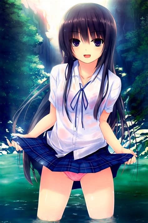 Wallpaper Illustration Anime Black Hair School Uniform Visual Novel Wet Clothing Lifting