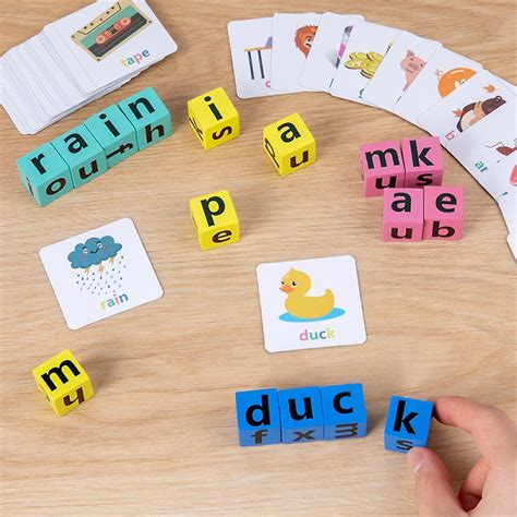 Wooden Reading Block Spelling Game Childrens Rotating Letter Puzzle