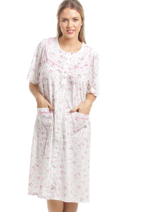 Classic Pink Floral Print White Short Sleeve Button Up Nightdress