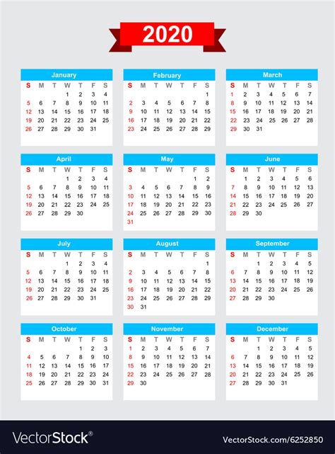 2020 Calendar Week Start Sunday Royalty Free Vector Image