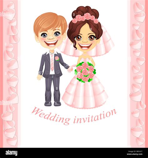 Wedding Invitation With Cute Cartoon Bride And Groom Stock Photo Alamy