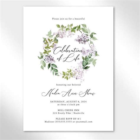 Lilac Celebration Of Life Invitation Template For Funeral Memorial