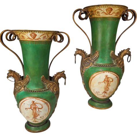 Pair Antique Toleware Vases Urns Bronze Mounts Classically Painted ...