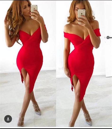 Red Color Ladies Hl Bandage Dress Sexy Off The Shoulder Bodycon Mini