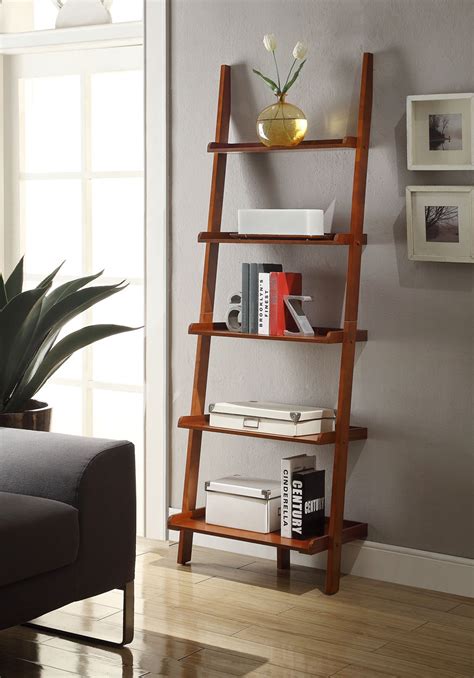 Cherry Finish Leaning Ladder Bookcase 5 Tier Open Design Display Home