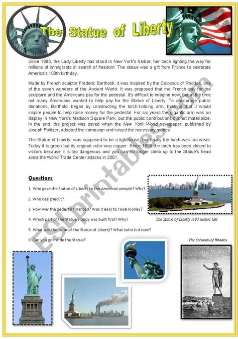 Statue Of Liberty Reading Comprehension - Reading comprehension N°5. THE STATUE OF LIBERTY - ESL worksheet by vero39
