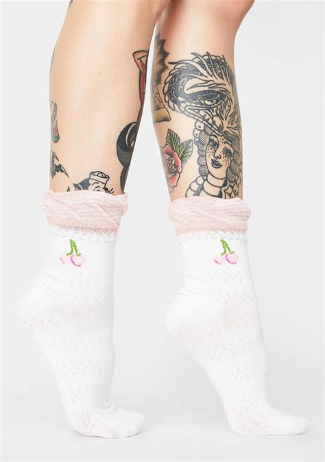 Cherry Embroidered Ankle Socks White Pink Dolls Kill