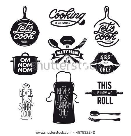Cooking related typography set. Quotes about kitchen. Cooking wordings. Bon appetit. Never trust ...