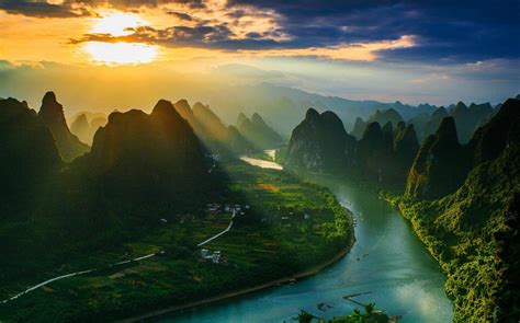 Wallpaper Sunlight Landscape Mountains Sunset China Nature