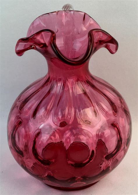 Lot Vintage Fenton Art Glass Cranberry Coin Dot Ruffle Top Pitcher W Applied Ribbed Clear Handle