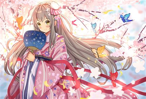 Ame Sagari Blush Brown Hair Butterfly Cherry Blossoms Fan Flowers Japanese Clothes Kimono Long