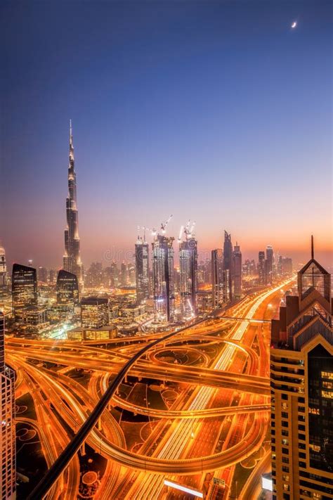 Dubai City At Night Under A Starry Sky In United Arab Emirates Stock