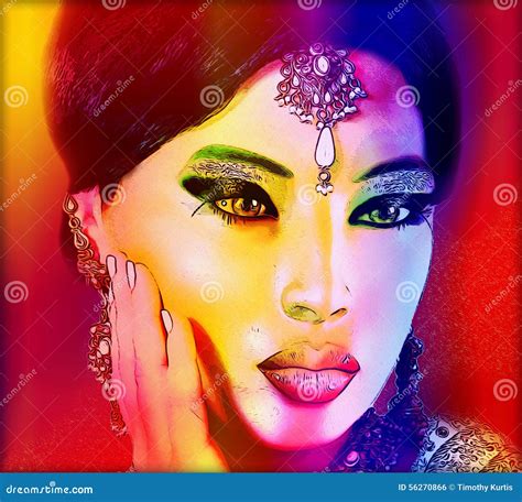 Abstract Digital Art Of Indian Or Asian Womans Face Close Up With