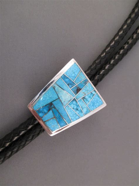 Turquoise Inlay Bolo Tie Navajo Jewelry Two Grey Hills
