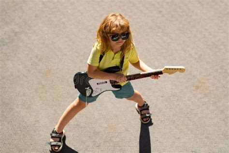 Little Boy Playing Guitar Outdoor Child Musician Guitarist Playing