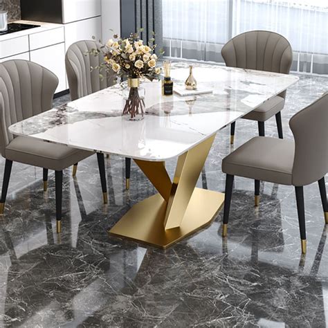 709 Modern White Rectangular Stone Dining Table With Double Bronze