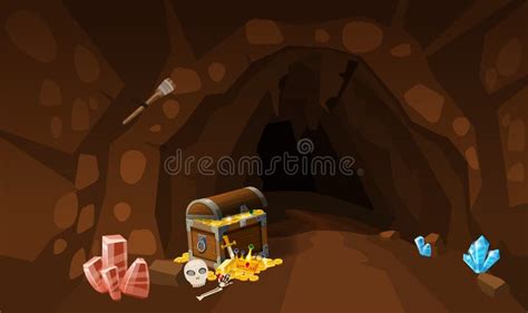 Illustration Of The Treasure Cave With A Waterfall And Chest Stock