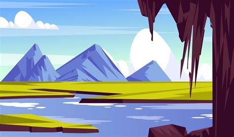 Premium Vector A Cartoon Illustration Of Mountains And A Lake With A