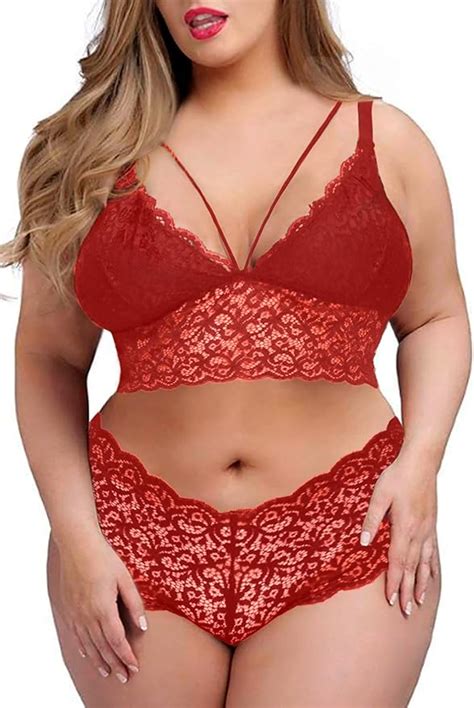 Plus Size Lingerie Set For Women Sexy Strappy Bra And Panty 2 Piece Sheer Lace Underwear Set
