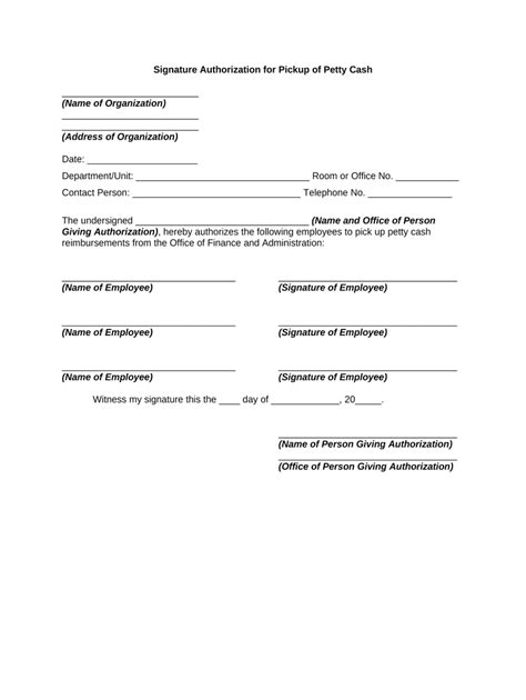 Signature Authorization For Pickup Of Petty Cash Form Fill Out And