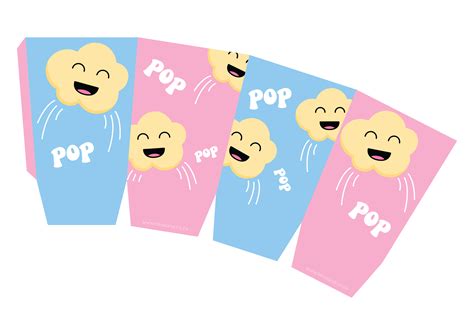 four pink and blue popcorn bags with cartoon faces