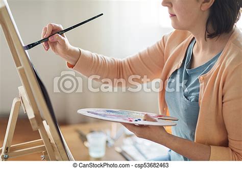 Artist With Palette And Brush Painting At Studio Art Creativity And